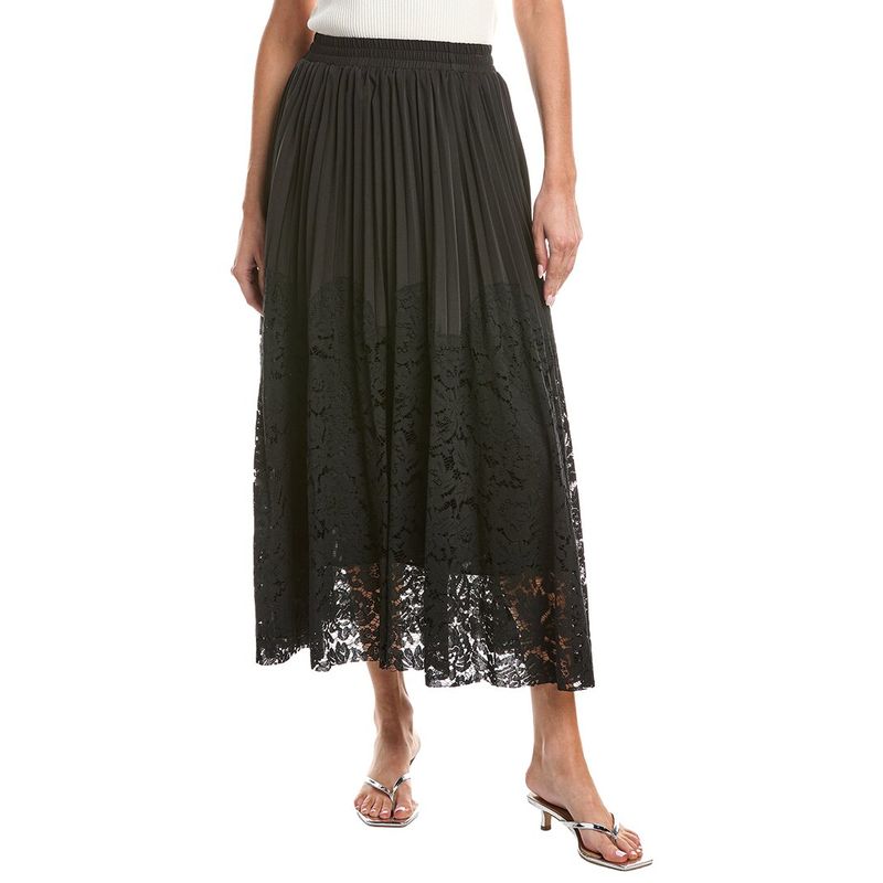 Gracia Womens A-Line Pleated Detail Bottom Lace Skirt, Black